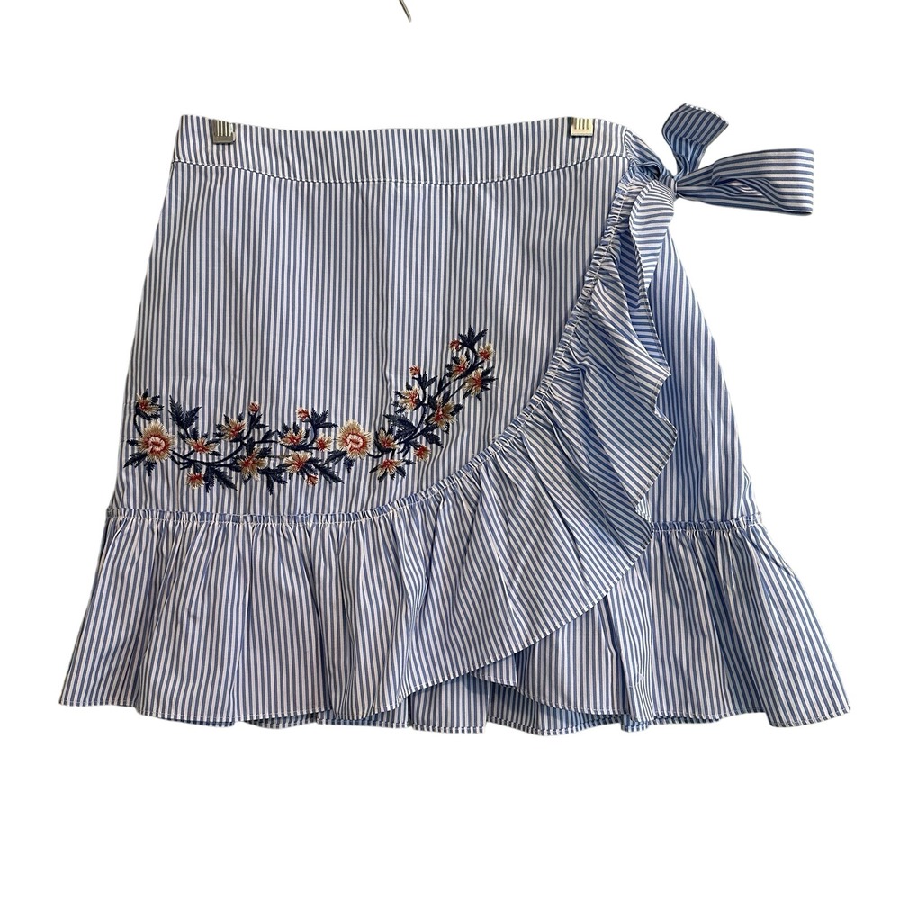 Striped Wrap Skirt Floral Embroidered Ruffle Hem Tie Waist Mini Cottagecore